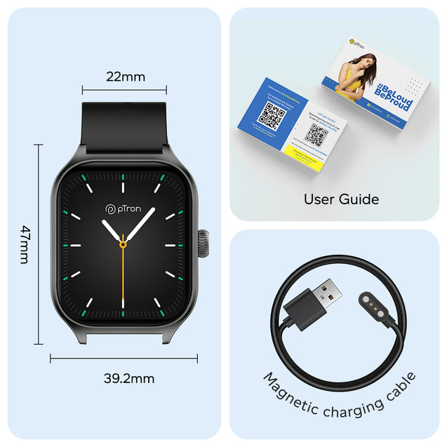 pTron Reflect MaxPro 2.01 inch Square Dial Smartwatch, Full Touch Display, Bluetooth Calling, Functional Crown, 600 NITS, 100+ Watch Faces, HR, SpO2, 5 Days Battery Life & IP68 (Black)