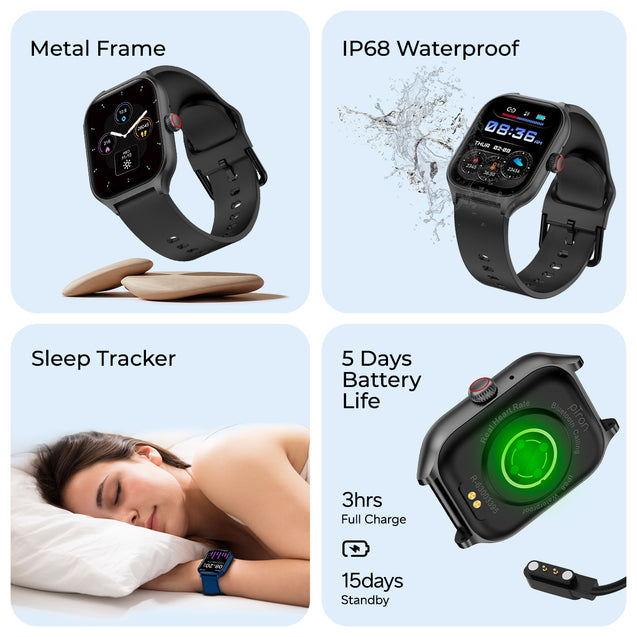 pTron Reflect MaxPro 2.01 inch Square Dial Smartwatch, Full Touch Display, Bluetooth Calling, Functional Crown, 600 NITS, 100+ Watch Faces, HR, SpO2, 5 Days Battery Life & IP68 (Black)