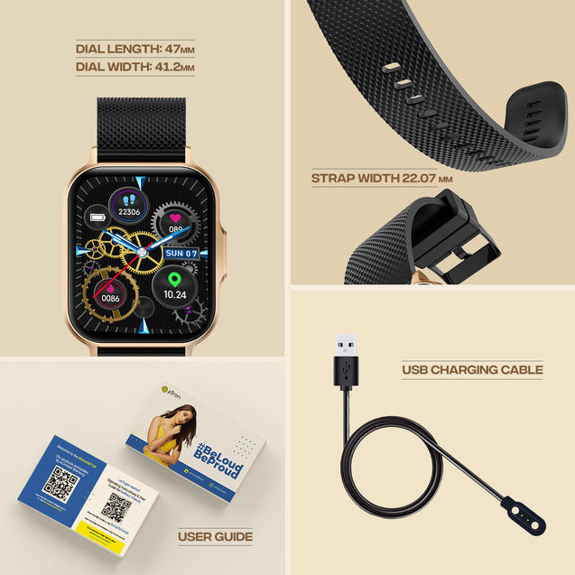 pTron Reflect Classic 2.01 inch Square Dial Smartwatch, Bluetooth Calling, Full Touch Display, 600 NITS, Metal Frame, 100+ Watch Faces, HR, SpO2, Voice Assist, 5 Days Battery Life (Gold)