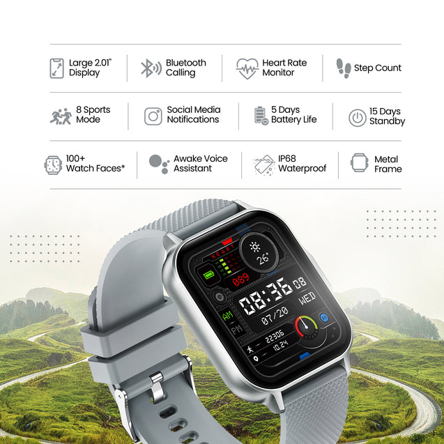 pTron Reflect Classic 2.01 inch Square Dial Smartwatch, Bluetooth Calling, Full Touch Display, 600 NITS, Metal Frame, 100+ Watchfaces, HR, SpO2, Sports Mode, 5 Days Battery Life (Silver)