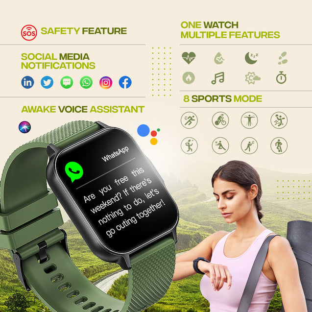 pTron Reflect Classic 2.01 inch Square Dial Smartwatch, Bluetooth Calling, Full Touch Display, 600 NITS, Metal Frame, 100+ Watch Faces, HR, SpO2, Voice Assist, 5 Days Battery Life (Green)