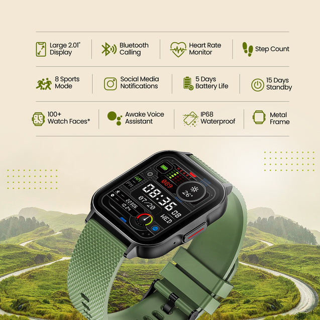 pTron Reflect Classic 2.01 inch Square Dial Smartwatch, Bluetooth Calling, Full Touch Display, 600 NITS, Metal Frame, 100+ Watch Faces, HR, SpO2, Voice Assist, 5 Days Battery Life (Green)
