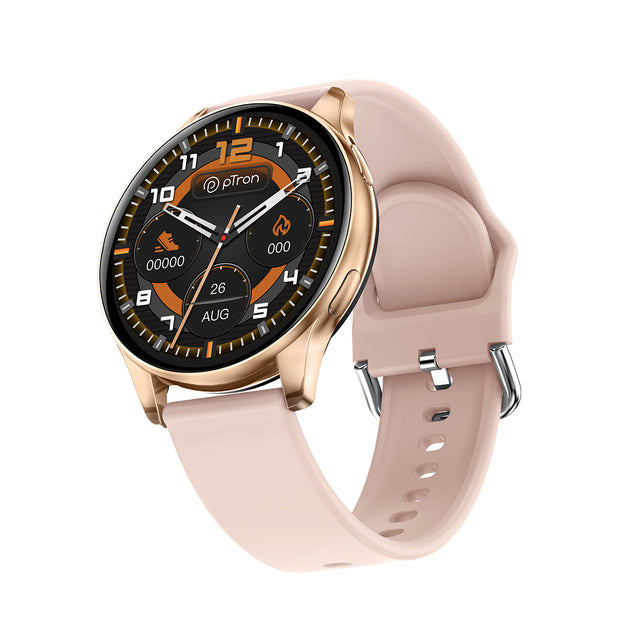 pTron Reflect Flash 1.32 inch Round Dial Smartwatch, Bluetooth Calling, Full Touch Display, 600 NITS, Metal Frame, 100+ Watch Faces, HR, SpO2, Voice Assist & 5 Days Battery Life (Pink)