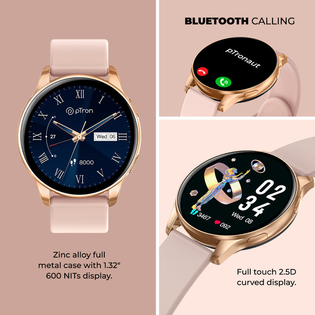 pTron Reflect Flash 1.32 inch Round Dial Smartwatch, Bluetooth Calling, Full Touch Display, 600 NITS, Metal Frame, 100+ Watch Faces, HR, SpO2, Voice Assist & 5 Days Battery Life (Pink)