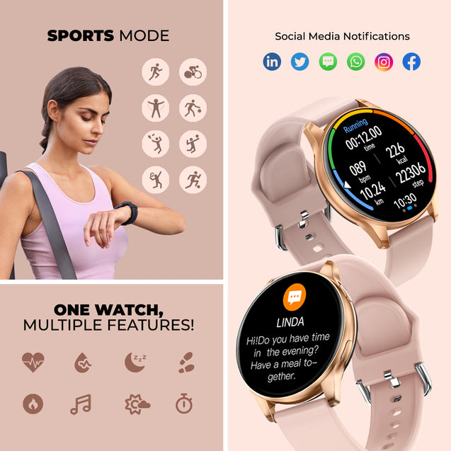 pTron Reflect Flash 1.32 inch Round Dial Smartwatch, Bluetooth Calling, Full Touch Display, 600 NITS, Metal Frame, 100+ Watch Faces, HR, SpO2, Voice Assist & 5 Days Battery Life (Pink)
