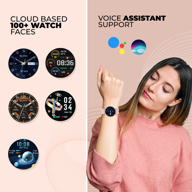 pTron Reflect Flash 1.32 inch Round Dial Smartwatch, Bluetooth Calling, Full Touch Display, 600 NITS, Metal Frame, 100+ Watch Faces, HR, SpO2, Voice Assist & 5 Days Battery Life (Pink)