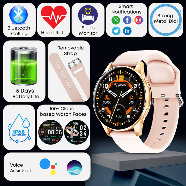 pTron Reflect Flash 1.32 inch Round Dial Smartwatch, Bluetooth Calling, Full Touch Display, 600 NITS, Metal Frame, 100+ Watch Faces, HR, SpO2, Voice Assist & 5 Days Battery Life (Pink)
