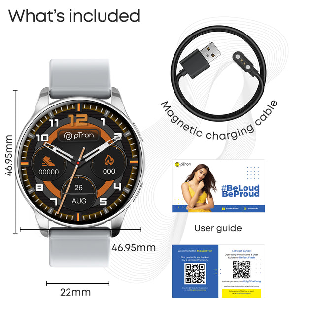 pTron Reflect Flash 1.32 inch Round Dial Smartwatch, Bluetooth Calling, Full Touch Display, 600 NITS, Metal Frame, 100+ Watch Faces, HR, SpO2, Voice Assist & 5 Days Battery Life (Silver)