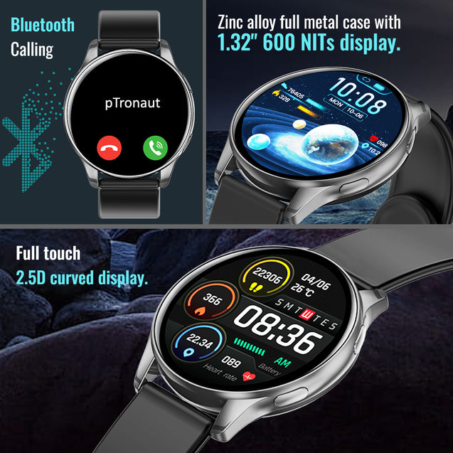pTron Reflect Flash 1.32 inch Round Smartwatch, Bluetooth Calling, Full Touch Display, 600 NITS, Metal Frame, 100+ Watch Faces, HR, SpO2, Voice Assist & 5 Days Battery Life (Black)