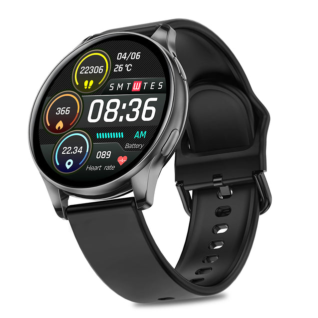 pTron Reflect Flash 1.32 inch Round Smartwatch, Bluetooth Calling, Full Touch Display, 600 NITS, Metal Frame, 100+ Watch Faces, HR, SpO2, Voice Assist & 5 Days Battery Life (Black)