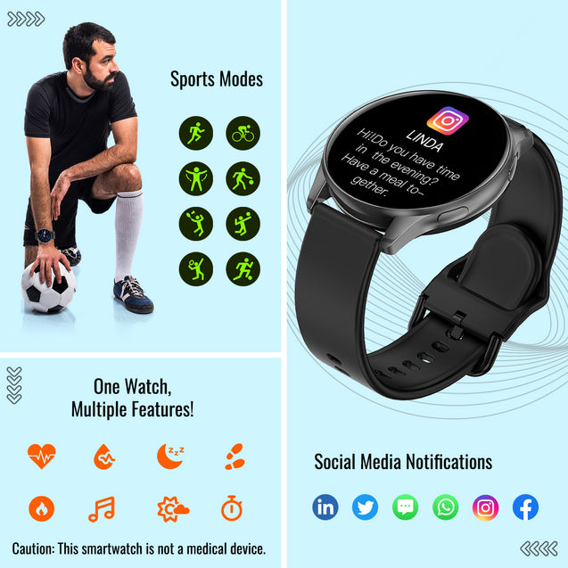 pTron Reflect Flash 1.32 inch Round Smartwatch, Bluetooth Calling, Full Touch Display, 600 NITS, Metal Frame, 100+ Watch Faces, HR, SpO2, Voice Assist & 5 Days Battery Life (Black)