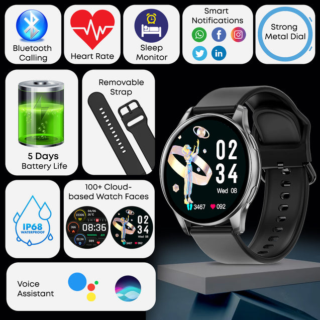 pTron Reflect Flash 1.32 inch Round Smartwatch, Bluetooth Calling, Full Touch Display, 600 NITS, Metal Frame, 100+ Watch Faces, HR, SpO2, Voice Assist & 5 Days Battery Life (Black)