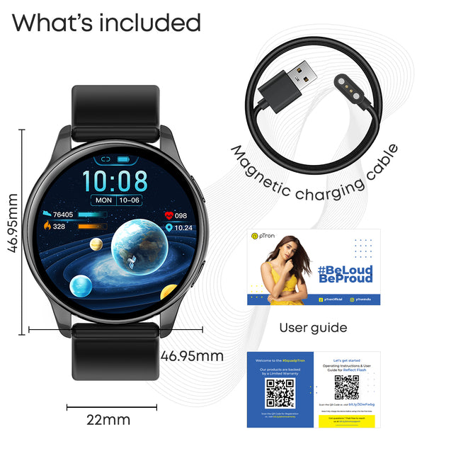 pTron Reflect Flash 1.32 inch Round Smartwatch, Bluetooth Calling, Full Touch Display, 600 NITS, Metal Frame, 100+ Watch Faces, HR, SpO2, Voice Assist & 5 Days Battery Life (Black)