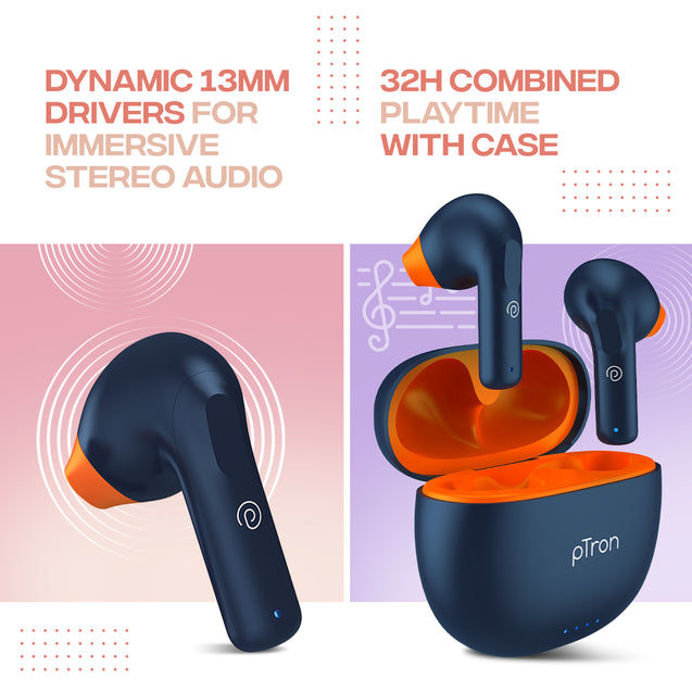 pTron Bassbuds NX in Ear TWS Earbuds, TruTalk AI-ENC Calls, 32Hrs Playtime, 13mm Drivers, Bluetooth 5.3 Wireless Headphone, Voice Assistant, Type-C Fast Charging & IPX5 Water Resistant (Blue)