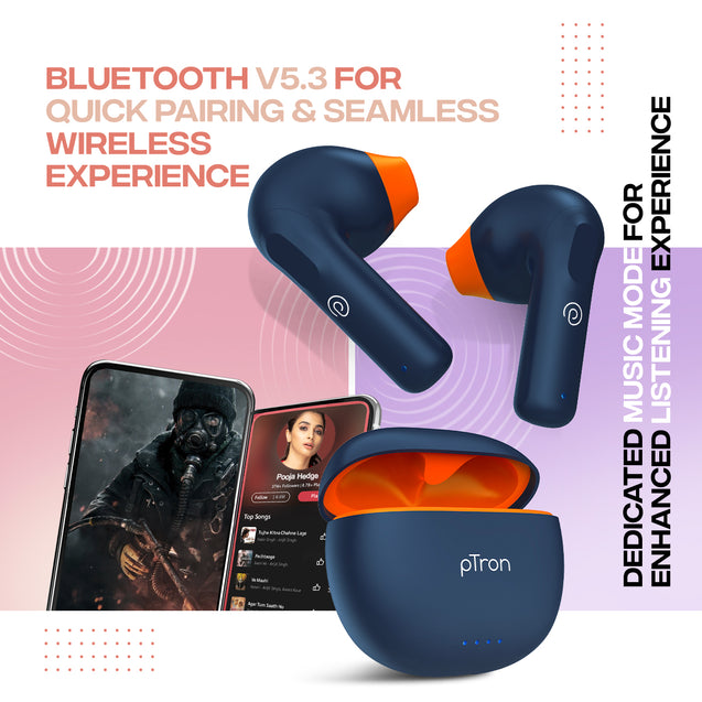 pTron Bassbuds NX in Ear TWS Earbuds, TruTalk AI-ENC Calls, 32Hrs Playtime, 13mm Drivers, Bluetooth 5.3 Wireless Headphone, Voice Assistant, Type-C Fast Charging & IPX5 Water Resistant (Blue)