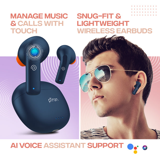 pTron Bassbuds NX in Ear TWS Earbuds, TruTalk AI-ENC Calls, 32Hrs Playtime, 13mm Drivers, Bluetooth 5.3 Wireless Headphone, Voice Assistant, Type-C Fast Charging & IPX5 Water Resistant (Blue)