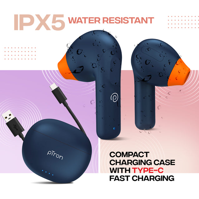 pTron Bassbuds NX in Ear TWS Earbuds, TruTalk AI-ENC Calls, 32Hrs Playtime, 13mm Drivers, Bluetooth 5.3 Wireless Headphone, Voice Assistant, Type-C Fast Charging & IPX5 Water Resistant (Blue)
