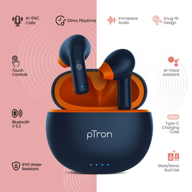 pTron Bassbuds NX in Ear TWS Earbuds, TruTalk AI-ENC Calls, 32Hrs Playtime, 13mm Drivers, Bluetooth 5.3 Wireless Headphone, Voice Assistant, Type-C Fast Charging & IPX5 Water Resistant (Blue)
