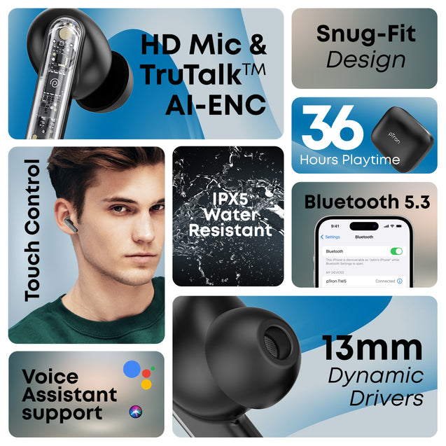 pTron Bassbuds Gomax TWS Earbuds, TruTalk AI-ENC Calls, 36Hrs Playtime, 13mm Drivers, in-Ear Bluetooth 5.3 Wireless Headphones, Voice Assistant, Type-C Fast Charging & IPX5 (Black)