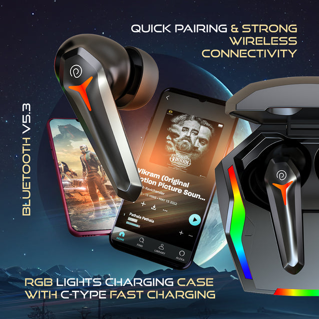 pTron Bassbuds Turbo TWS In-Ear Earbuds with 40ms Hyper Gaming Low Latency, 3D AudioScape, TruTalk AI-ENC Calls, Thunder Bass, 45Hrs Playtime, Ultra HD Mic, BT 5.3, Type-C Fast Charging & IPX5 (Black)