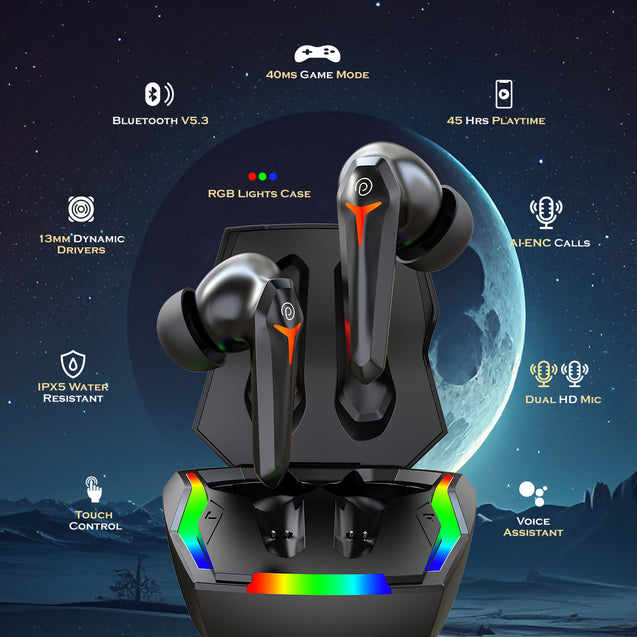 pTron Bassbuds Turbo TWS In-Ear Earbuds with 40ms Hyper Gaming Low Latency, 3D AudioScape, TruTalk AI-ENC Calls, Thunder Bass, 45Hrs Playtime, Ultra HD Mic, BT 5.3, Type-C Fast Charging & IPX5 (Black)
