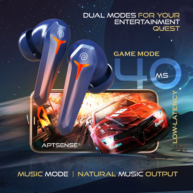 pTron Bassbuds Turbo TWS In-Ear Earbuds with 40ms Hyper Gaming Low Latency, 3D AudioScape, TruTalk AI-ENC Calls, Thunder Bass, 45Hrs Playtime, Ultra HD Mic, BT 5.3, Type-C Fast Charging & IPX5 (Blue)