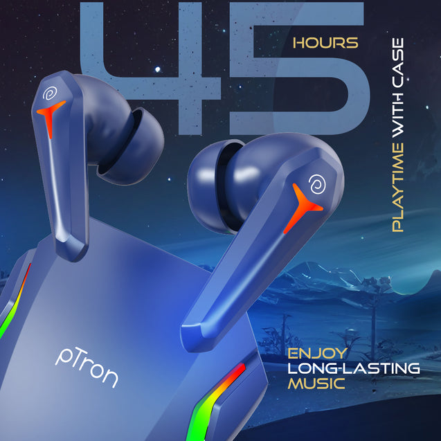 pTron Bassbuds Turbo TWS In-Ear Earbuds with 40ms Hyper Gaming Low Latency, 3D AudioScape, TruTalk AI-ENC Calls, Thunder Bass, 45Hrs Playtime, Ultra HD Mic, BT 5.3, Type-C Fast Charging & IPX5 (Blue)