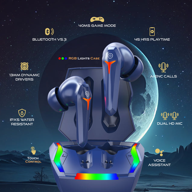 pTron Bassbuds Turbo TWS In-Ear Earbuds with 40ms Hyper Gaming Low Latency, 3D AudioScape, TruTalk AI-ENC Calls, Thunder Bass, 45Hrs Playtime, Ultra HD Mic, BT 5.3, Type-C Fast Charging & IPX5 (Blue)