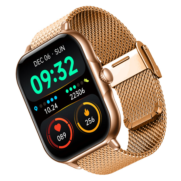 pTron Reflect Callz Smartwatch, Bluetooth Calling, 1.85" Full Touch Display, 600 NITS, Functional Crown, Metal Mesh Strap, 100+ Watch Faces, HR, Sports Mode, 5 Days Battery Life (Gold)