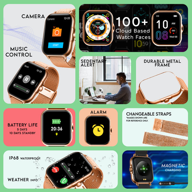 pTron Reflect Callz Smartwatch, Bluetooth Calling, 1.85" Full Touch Display, 600 NITS, Functional Crown, Metal Mesh Strap, 100+ Watch Faces, HR, Sports Mode, 5 Days Battery Life (Gold)