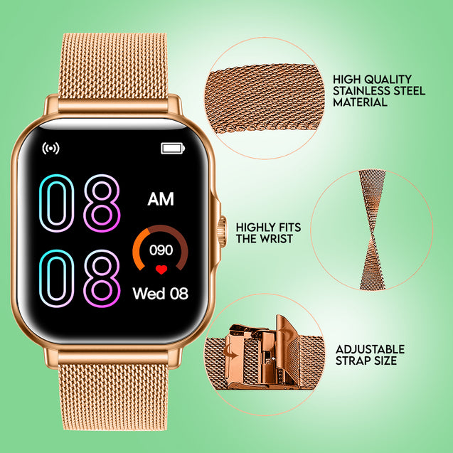 pTron Reflect Callz Smartwatch, Bluetooth Calling, 1.85" Full Touch Display, 600 NITS, Functional Crown, Metal Mesh Strap, 100+ Watch Faces, HR, Sports Mode, 5 Days Battery Life (Gold)