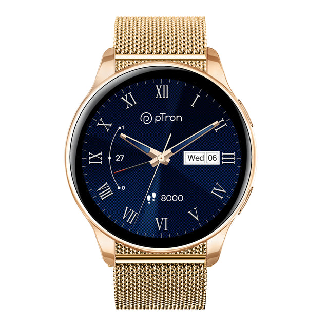 pTron Reflect Flash Smartwatch, Bluetooth Calling, 1.32" Full Touch Display, 600 NITS, Full Metal Body, 100+ Watch Faces, Heart Rate, SpO2, Sports Mode & 5 Days Battery Life & IP68 Waterproof (Gold)