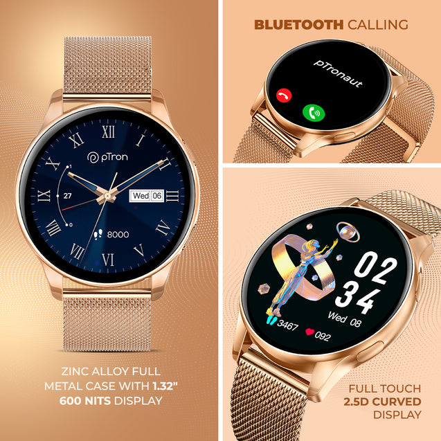 pTron Reflect Flash Smartwatch, Bluetooth Calling, 1.32" Full Touch Display, 600 NITS, Full Metal Body, 100+ Watch Faces, Heart Rate, SpO2, Sports Mode & 5 Days Battery Life & IP68 Waterproof (Gold)