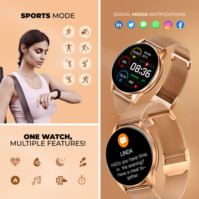 pTron Reflect Flash Smartwatch, Bluetooth Calling, 1.32" Full Touch Display, 600 NITS, Full Metal Body, 100+ Watch Faces, Heart Rate, SpO2, Sports Mode & 5 Days Battery Life & IP68 Waterproof (Gold)