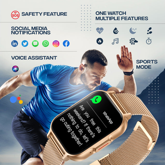 pTron Reflect Classic Smartwatch, Bluetooth Calling, 2.01" Full Touch Display, 600 NITS Full Metal Smartwatch, 100+ Watch Faces, HR, SpO2, Sports Mode, Voice Assist, 5 Days Battery Life & IP68 (Gold)