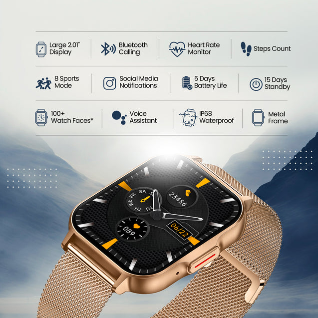 pTron Reflect Classic Smartwatch, Bluetooth Calling, 2.01" Full Touch Display, 600 NITS Full Metal Smartwatch, 100+ Watch Faces, HR, SpO2, Sports Mode, Voice Assist, 5 Days Battery Life & IP68 (Gold)