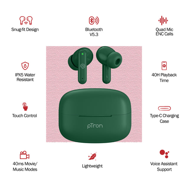 pTron  Zenbuds X1 Quad Mic TWS Earbuds, TruTalk ENC Calls (Green)