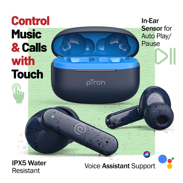 pTron  Zenbuds X1 Quad Mic TWS Earbuds, TruTalk ENC Calls (Blue)