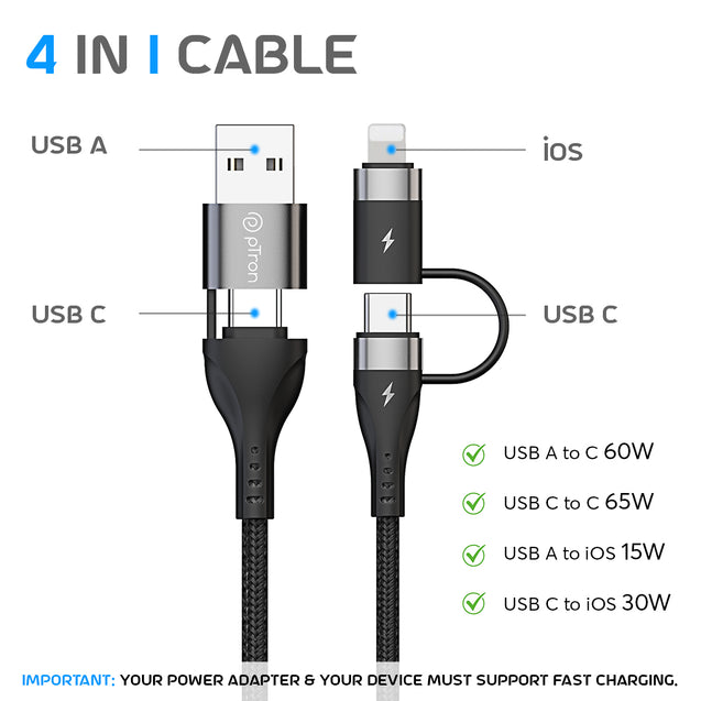 pTron Solero 4 in 1 Fast Charging USB Cabled(1M Black)