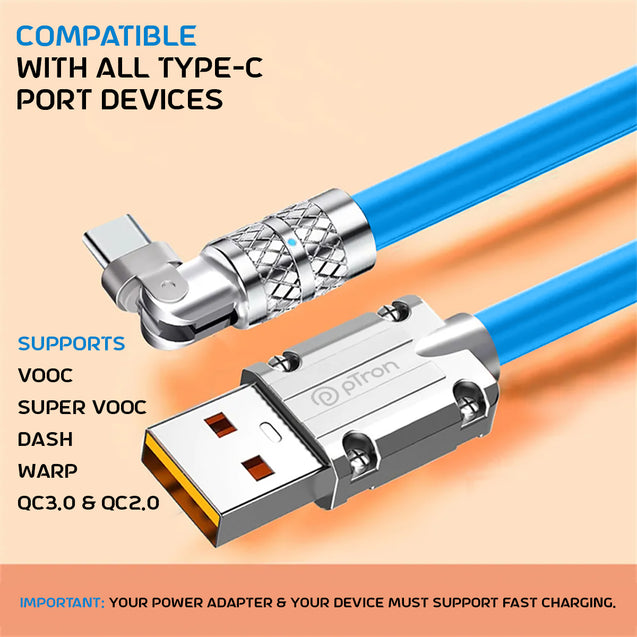 pTron 60W USB to Type C Super Fast Charging USB Cable Compatible with OnePlus, Oppo, Vivo, Xiaomi, Realme, Samsung & Other Type-C Devices & 480Mbps Data Sync Speed - Solero 180 Degree (1m, Blue)