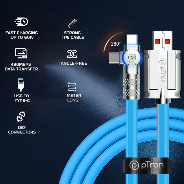 pTron 60W USB to Type C Super Fast Charging USB Cable Compatible with OnePlus, Oppo, Vivo, Xiaomi, Realme, Samsung & Other Type-C Devices & 480Mbps Data Sync Speed - Solero 180 Degree (1m, Blue)