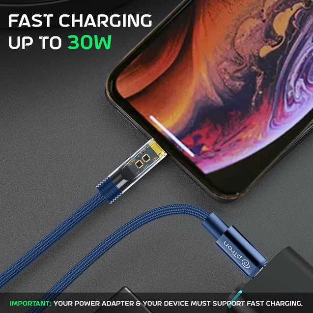 pTron Solero 30W Type-C to 8 Pin USB Fast Charging Nylon Braided Cable, Compatible with iOS Devices, 480Mbps Data Sync Speed & Gold-plated Connectors (1M, Blue)