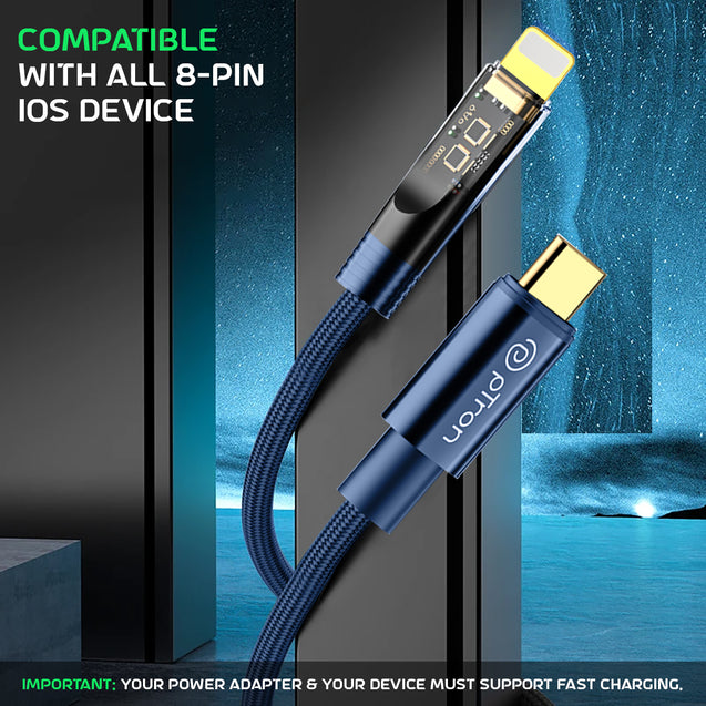 pTron Solero 30W Type-C to 8 Pin USB Fast Charging Nylon Braided Cable, Compatible with iOS Devices, 480Mbps Data Sync Speed & Gold-plated Connectors (1M, Blue)