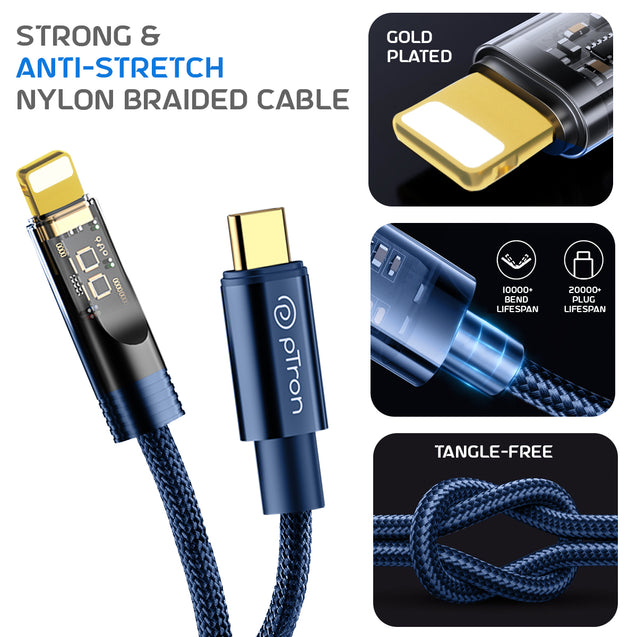 pTron Solero 30W Type-C to 8 Pin USB Fast Charging Nylon Braided Cable, Compatible with iOS Devices, 480Mbps Data Sync Speed & Gold-plated Connectors (1M, Blue)