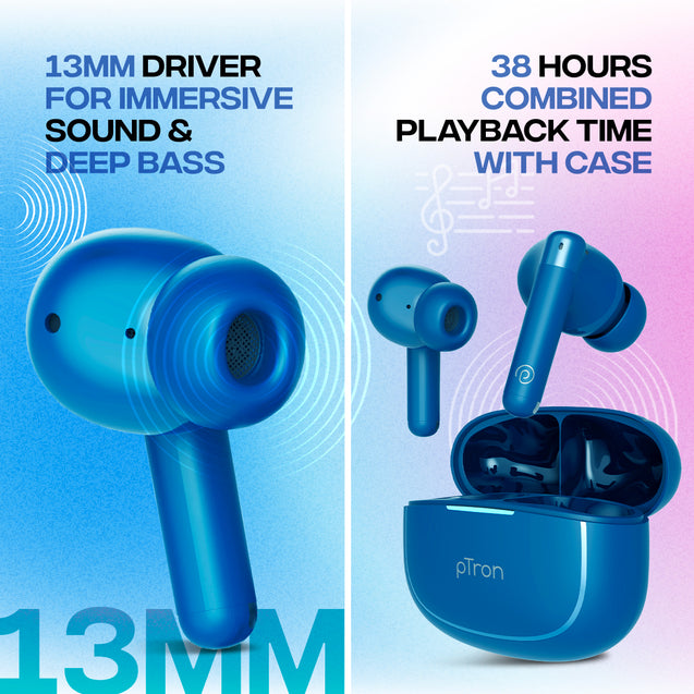 pTron Bassbuds Duo Pro TWS Earbuds with HD Mic (Blue)