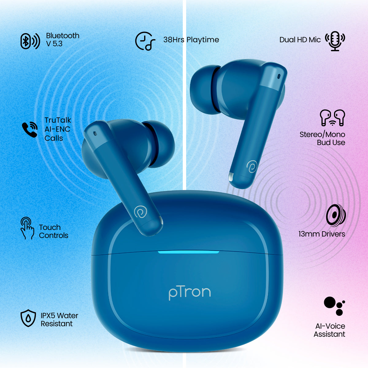 pTron Bassbuds Duo Pro TWS Earbuds with TruTalk AI-ENC Calls, 38H Playtime, Deep Bass, 50ms Movie/Music Modes, In-Ear Bluetooth 5.3 Headphones with HD