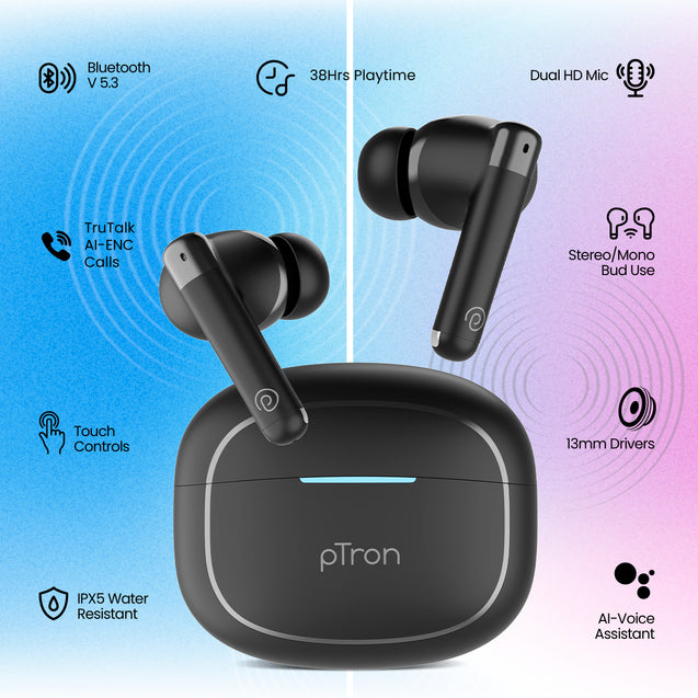 pTron Bassbuds Duo Pro TWS Earbuds with HD Mic (Black)