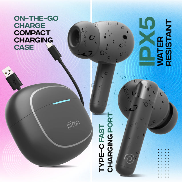 pTron Bassbuds Duo Pro TWS Earbuds with HD Mic (Grey)