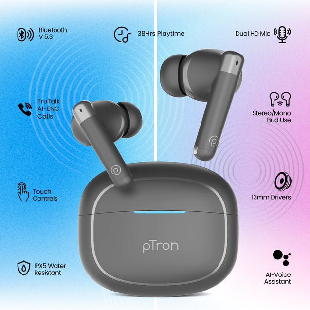 pTron Bassbuds Duo Pro TWS Earbuds with HD Mic (Grey)