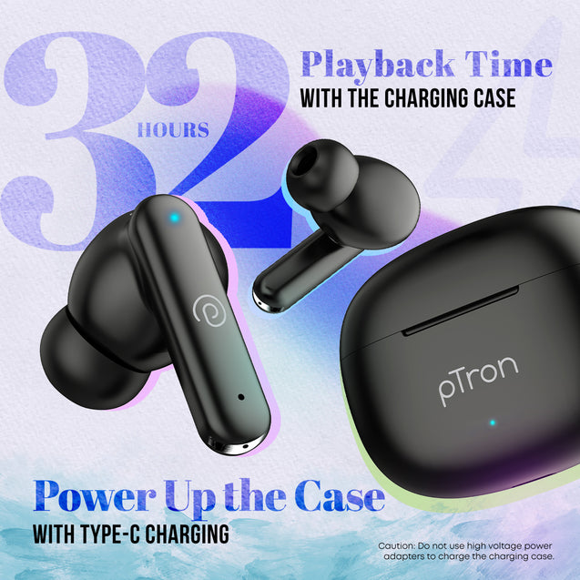 pTron Bassbuds Air In-Ear TWS Earbuds with Deep Bass, 32Hrs Playtime, Built-in HD Mic, Bluetooth v5.1, Touch Control, Type-C Fast Charging, Voice Assistant & IPX4 Water Resistant (Pearl Black)